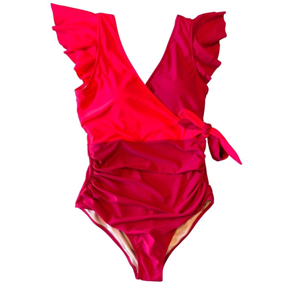 One‑Piece Swimsuit L NWT Hot Pink Flutter Sleeve Ruched Side Tie Tummy Control - Picture 2 of 8